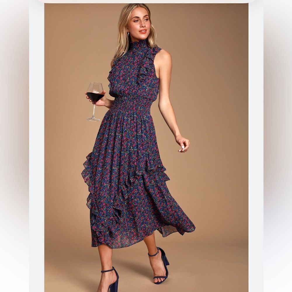 Lulus Evalina Navy Blue Floral Print Mock Neck Midi Dress - Picture 1 of 5